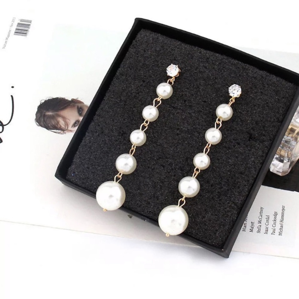 Faux Pearl White Long Drop Earrings - Picture 2 of 2
